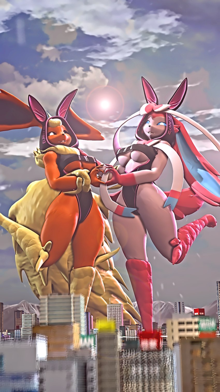 anthro breasts city clothing duo female female/female gesture heart_gesture hoodie macro ribbons_(anatomy) sun tail text topwear savitarpg12 warfaremachine_(modeler) nintendo pokemon fan_character eeveelution flareon flarepunny generation_1_pokemon generation_4_pokemon generation_6_pokemon hybrid hybrid_pokemon lopunny pokemon_(species) sylveon sylvpunny 2024 3d_(artwork) 9:16 digital_media_(artwork) english_text hi_res