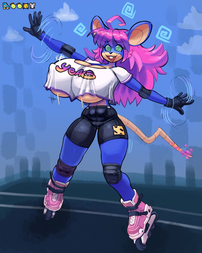 anthro big_breasts biped bottomwear breasts clothing dizzy emoji female hair huge_breasts long_hair nipple_outline pink_hair quad_skates roller_skates shirt shorts simple_background solo tail topwear snao mammal mouse murid murine rodent 2024