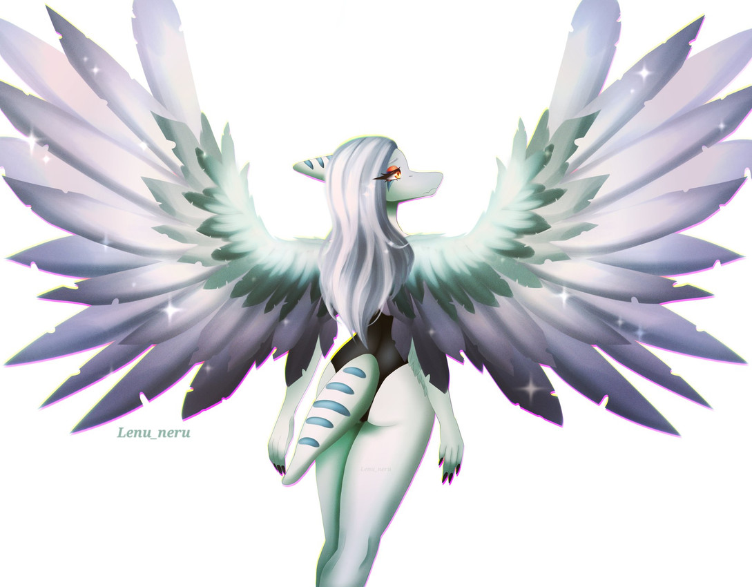 alternate_costume anthro biped black_clothing black_leotard blue_body bone_frill butt clothed clothed_anthro clothed_female clothing feathered_wings feathers female fingers frill_(anatomy) frown grey_body grey_feathers grey_hair hair head_turned humanoid_hands leotard long_hair looking_aside markings orange_eyes rear_view simple_background solo sparkles spread_wings standing striped_markings stripes tail text white_background wings lenu_neru goodbye_volcano_high ko_op_(game_developer) fang_(gvh) prehistoric_species pterosaur reptile scalie 2024 artist_name colored hi_res