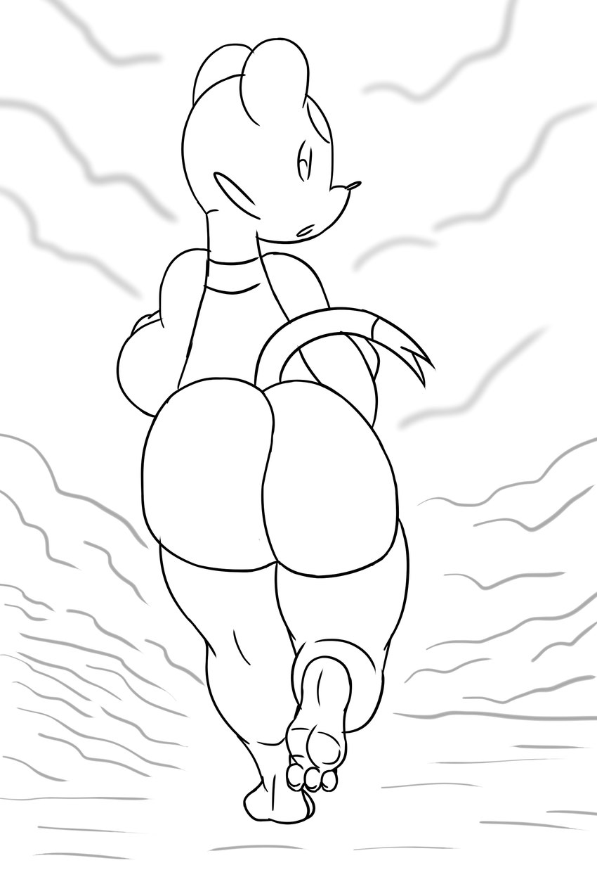 anthro big_butt butt feet female solo thick_thighs usury40 nintendo pokemon generation_5_pokemon mienfoo pokemon_(species) absurd_res hi_res monochrome