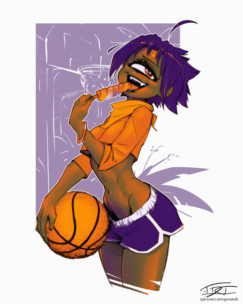 1_eye 5_fingers ahoge ascot ball basketball_(ball) basketball_hoop black_lipstick bottomwear bracelet breasts clothing crop_top eating fangs female fingers food hair holding_food holding_object hotpants jewelry lipstick looking_away makeup medium_breasts midriff navel not_furry orange_sclera popsicle purple_hair shirt short_hair shorts solo teeth tomboy topwear under_boob hardtones petra_(hardtones) cyclops humanoid 2023 4:5 hi_res signature