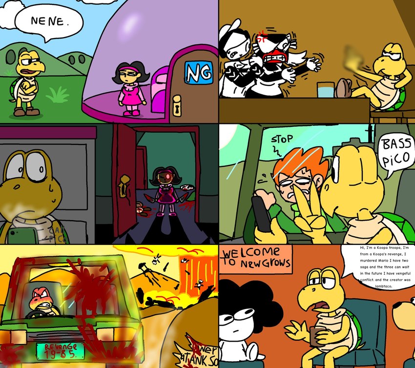 accessory black_hair blood bodily_fluids car death gesture hair hand_gesture headband inside_car inside_vehicle middle_finger no_pupils orange_hair shell sweat text vehicle yellow_body yellow_skin josfausto13 a_koopa's_revenge mario_bros newgrounds nintendo pico_(series) tankmen nene_(pico) pico_(newgrounds) sr_pelo_(character) goomba human koopa koopa_troopa mammal reptile scalie shyguy turtle comic english_text hi_res