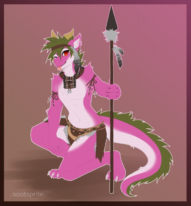 anthro border bottomwear clothed clothing countershading feathers fur gradient_background green_hair grey_body grey_feathers hair horn jewelry loincloth melee_weapon necklace pink_body pink_fur polearm red_eyes simple_background spear tail tongue weapon white_body white_countershading sootsprite mythology diandre dragon furred_dragon furred_scalie mythological_creature mythological_scalie scalie 2017