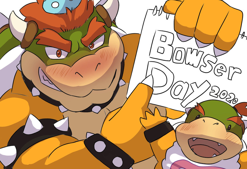 2_horns anthro biped blush cute_fangs duo fangs horn overweight simple_background teeth text white_background yoshizaurusu_n bowser_day mario_bros nintendo bowser bowser_jr. koopa scalie 2020 hi_res