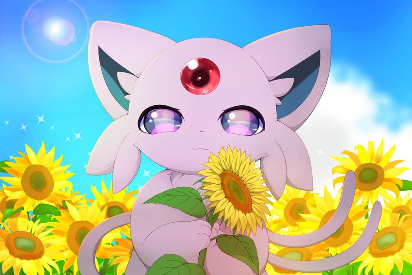 3_fingers :3 ambiguous_gender anthro biped blue_inner_ear bottomless cheek_tuft chest_tuft chibi clothed clothing cloud day detailed_background facial_tuft fingers flower flower_field forehead_gem forked_tail front_view fur gem glistening glistening_eyes holding_flower holding_object holding_plant holding_sunflower kemono looking_at_viewer monotone_body monotone_fur monotone_tail nude outside paws pink_body pink_ears pink_fur pink_tail plant pupils purple_eyes purple_pupils semi-anthro sky solo standing sun sunflower tail topless tuft unusual_anatomy unusual_tail hirochanu nintendo pokemon eeveelution espeon felid feline generation_2_pokemon mammal pokemon_(species) 3:2 colored digital_media_(artwork) half-length_portrait hi_res portrait shaded