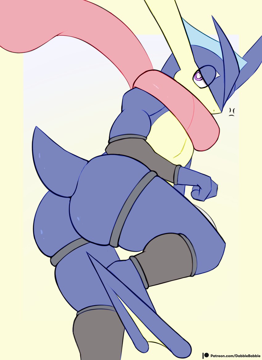 ambiguous_gender anthro biped blue_body blue_tail butt clothing cross-popping_vein looking_back purple_eyes raised_leg rear_view short_tail simple_background solo tail tan_background tan_body tongue dabelette nintendo pokemon generation_6_pokemon greninja pokemon_(species) hi_res