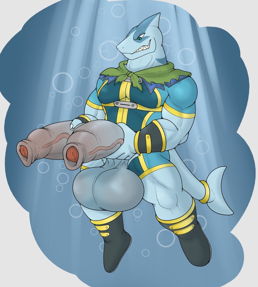 2_penises anthro balls big_balls big_penis biped diphallism dorsal_fin fin fingers foreskin genital_raphe genitals horizontal_diphallism huge_balls huge_penis humanoid_genitalia humanoid_penis male multi_genitalia multi_penis muscular muscular_anthro muscular_male penis raphe_(anatomy) scrotal_raphe sharp_teeth solo tail tail_fin teeth vein veiny_penis rokie38 shangri-la_frontier araba_(shangri-la_frontier) fish marine shark absurd_res hi_res