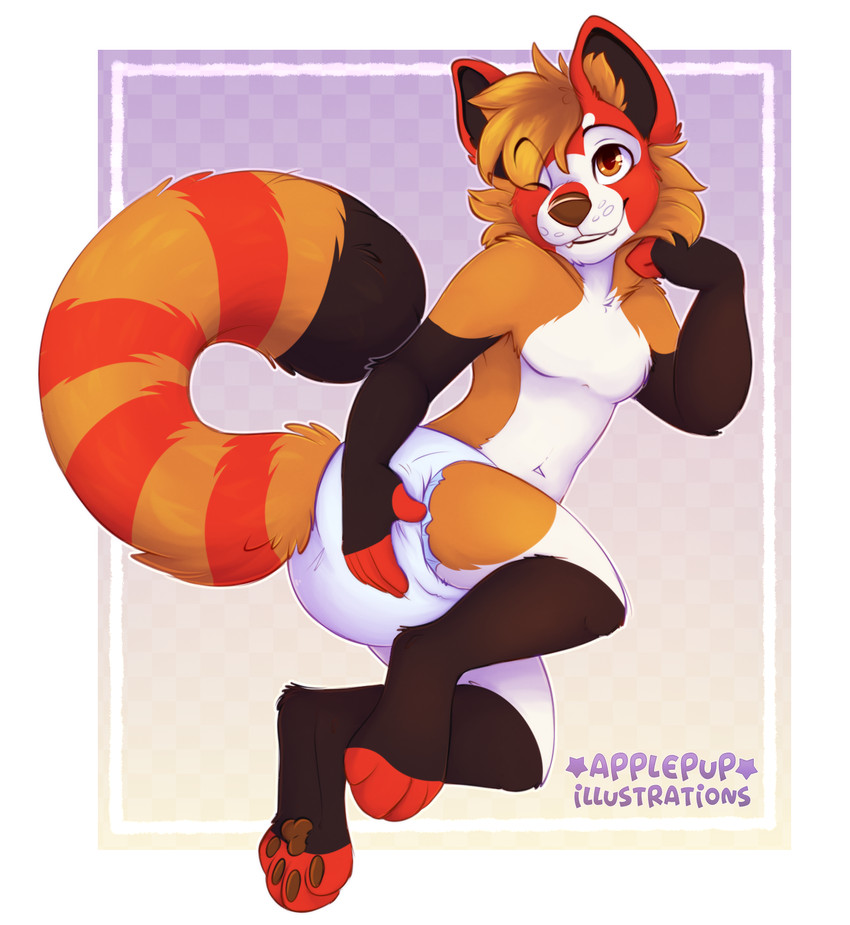 anthro clean_diaper clothed clothing diaper hand_on_butt hand_on_face male one_eye_closed pawpads pose smile solo teeth wearing_diaper applepup ailurid mammal red_panda 2020 hi_res watermark