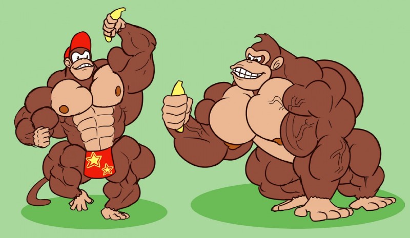 abs anthro banana baseball_cap biceps big_muscles bottomwear clothing duo food fruit hat headgear headwear loincloth male muscular nipples pecs plant serratus simple_background guzreuef donkey_kong_(series) nintendo diddy_kong donkey_kong_(character) haplorhine mammal monkey primate