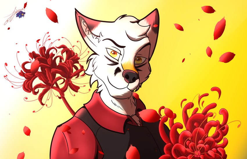 anthro elegant flower male petals plant red_flower smile smiling_at_viewer solo apheront arctic_fox canid canine fox mammal true_fox absurd_res hi_res portrait