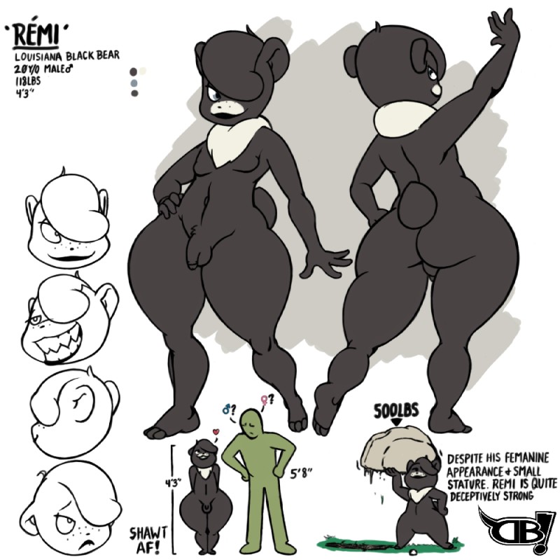 anthro balls big_butt biped black_body black_fur butt duo femboy flaccid freckles frown fur genitals green_eyes hair hair_over_eye hand_on_hip heart_symbol male nude one_eye_obstructed penis question_mark rock sharp_teeth size_difference smile solo_focus teeth text white_body white_fur wide_hips darkboss anon remi_(darkboss) bear human mammal 1:1 digital_media_(artwork) english_text