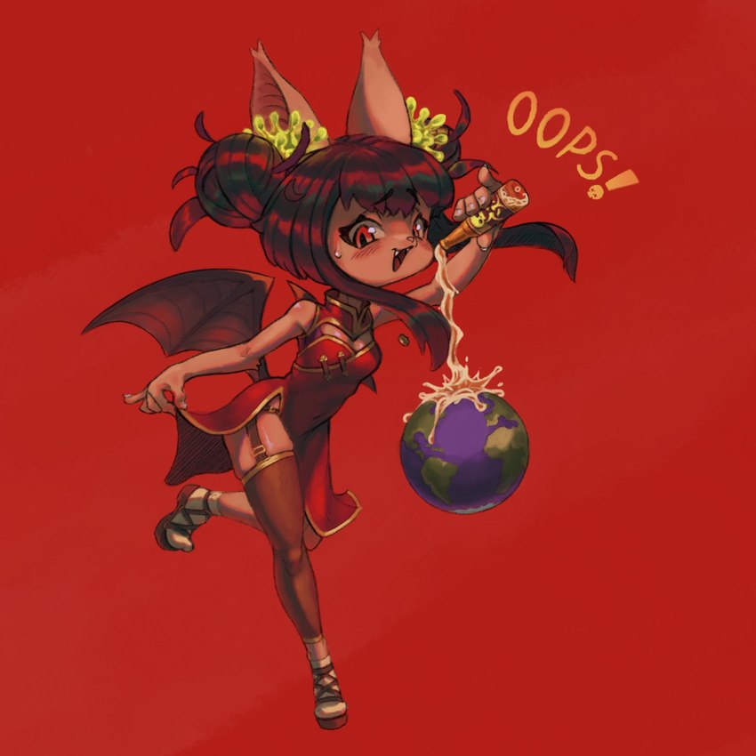 alcohol anthro asian_clothing beer beverage brown_hair butt_wings chinese_clothing chinese_dress clothing dress east_asian_clothing fangs female fur globe hair hair_bun membrane_(anatomy) membranous_wings pupils red_background red_clothing red_dress red_eyes side_slit side_slit_clothing side_slit_dress sidelocks simple_background slit_pupils tan_body tan_fur teeth unusual_wing_placement wings ponaners corona-chan bat mammal 1:1 hi_res