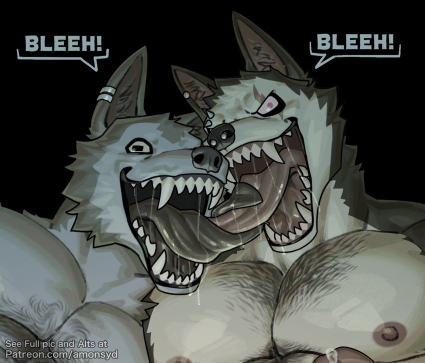 anthro bodily_fluids duo french_kissing genital_fluids genitals kissing licking_tongue looking_at_viewer male male/male nightmare_fuel penis precum sharp_teeth speech_bubble teeth text tongue tongue_out amon-sydonai creepypasta harry_(amon-sydonai) miles_(amon-sydonai) smile.dog canid canine canis domestic_dog husky mammal nordic_sled_dog spitz 2024 digital_drawing_(artwork) digital_media_(artwork) english_text url