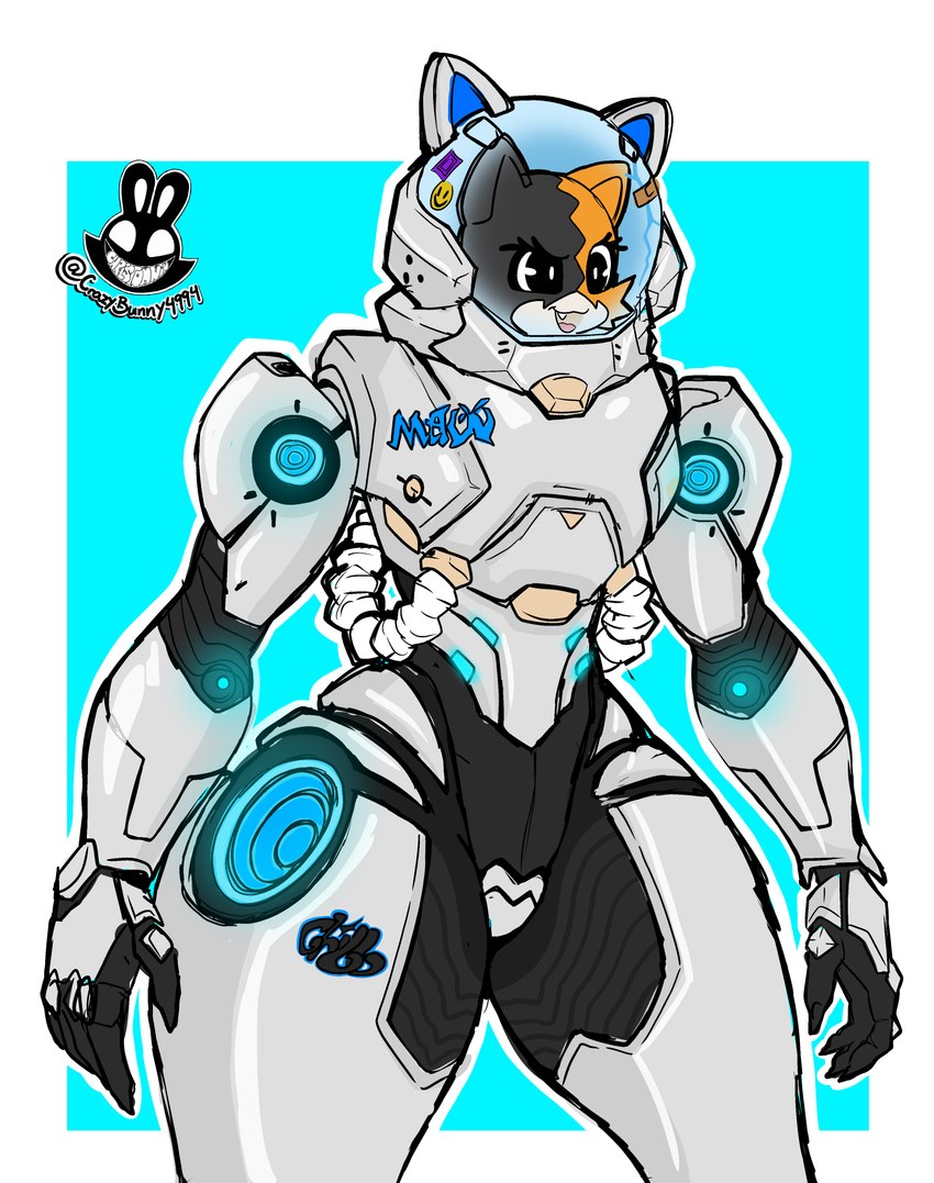 anthro armor band-aid bandage black_body black_clothing black_eyes black_fur brown_body brown_fur claws clothing codpiece cracked_glass cute_fangs cyan_background female finger_claws fur graffiti logo machine multicolored_body multicolored_fur noseless open_mouth power_armor redesign simple_background skinsuit smile smirk solo spacesuit sticker tailless thick_thighs tight_clothing white_body white_fur christomwow epic_games fortnite katt_(fortnite) calico_cat domestic_cat felid feline felis mammal 2024 absurd_res artist_logo artist_name cel_shading hi_res portrait shaded three-quarter_portrait