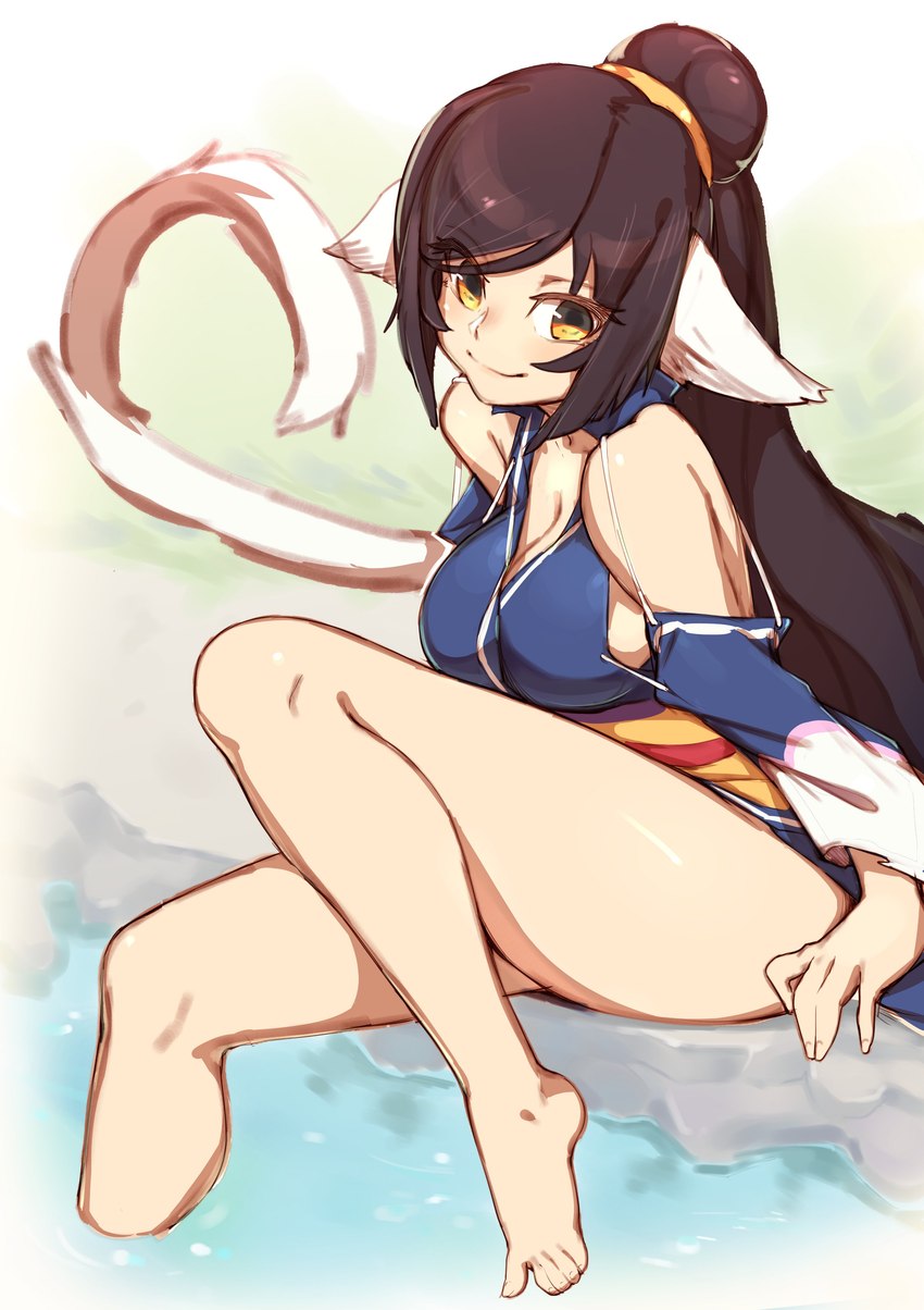 breasts cleavage clothed clothing female hair long_hair solo water yellow_eyes penguru_086 utawarerumono animal_humanoid humanoid absurd_res hi_res