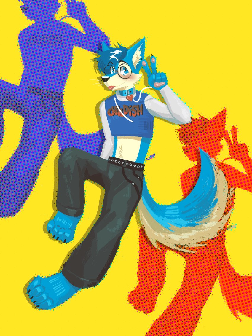 anthro big_feet blep blue_body blush bottomwear clothing collar crop_hoodie denim denim_bottomwear denim_clothing eyewear feet fluffy fluffy_tail glasses heart_symbol jeans looking_at_viewer male pants pawpads paws pink_pawpads raised_hand smile solo standing tail tan_body tongue tongue_out soulfullhyena tyler.py canid canine canis domestic_dog husky mammal nordic_sled_dog spitz 3:4 hi_res