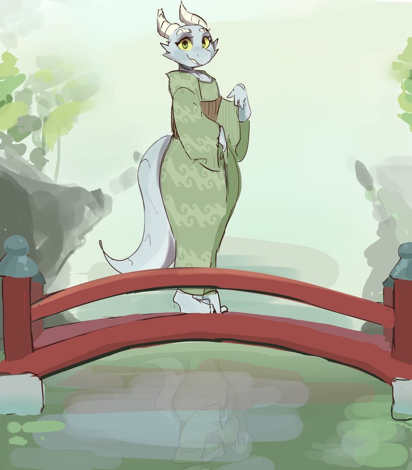 anthro asian_clothing big_tail bridge clothing east_asian_clothing female horn japanese_clothing kimono looking_at_viewer river smile solo tail gikowinko urza_(the7thprimarch) kobold scalie hi_res