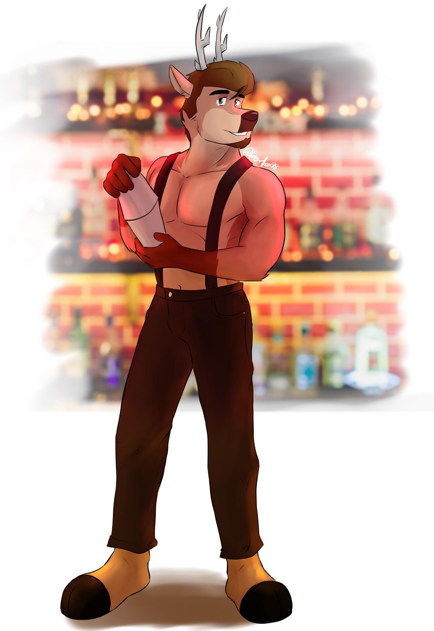 antlers bar bare_chest barefoot barman beard bottomwear clothing facial_hair feet horn male pants pecs pose smile solo suspenders gearfox98 hector_(gearfox98) cervine deer mammal absurd_res digital_media_(artwork) hi_res pinup