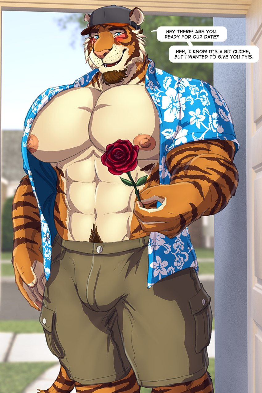 abs aloha_shirt anthro barazoku baseball_cap beard big_muscles big_nipples big_pecs blurred_background blush body_hair bottomwear bulge clothed clothing coach countershading date date_pov dialogue door eyebrows facial_hair first_person_view flower fur happy_trail hat headgear headwear huge_muscles looking_at_viewer male muscular muscular_anthro muscular_male navel nipples notched_ear open_clothing open_shirt open_topwear pattern_clothing pattern_shirt pattern_topwear pecs plant pubes rose_(flower) shirt shorts smile solo speech_bubble standing talking_to_viewer text topwear tuft dream_and_nightmare night_(dream_and_nightmare) felid mammal pantherine tiger 2022 english_text hi_res