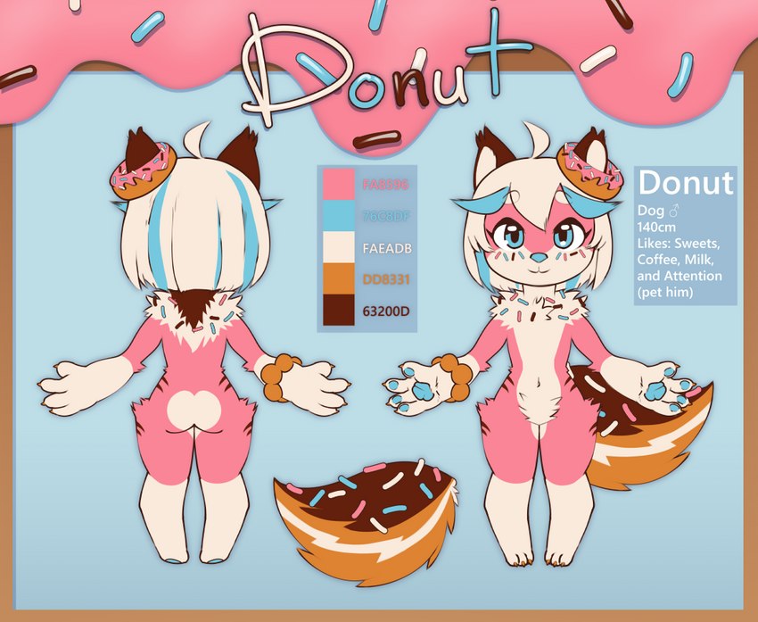 ahoge anthro blue_eyes blue_highlights blue_nose blue_pawpads butt color_swatch dessert doughnut food fur hair highlights_(coloring) male multicolored_body multicolored_fur multiple_poses navel pastry pawpads paws pink_body pink_fur pose simple_background smile solo sprinkles standing text white_body white_fur white_hair wide_hips misterdonut donut_(misterdonut) canid canine canis domestic_dog food_creature mammal english_text model_sheet