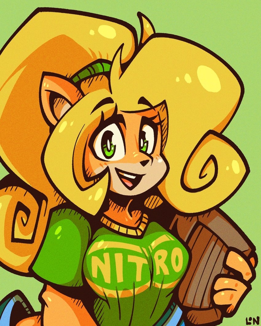 4_fingers anthro blonde_hair clothing eyebrow_through_hair eyebrows female fingers green_clothing green_eyes green_hair_accessory green_shirt green_topwear hair holidays shirt solo topwear translucent translucent_hair legendofnerd activision crash_bandicoot_(series) st._patrick's_day coco_bandicoot bandicoot mammal marsupial 4:5 hi_res