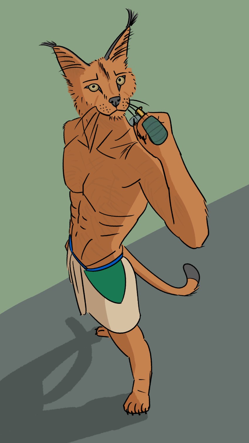 bottomwear clothing ear_tuft fur looking_at_viewer male melee_weapon muscular orange_body orange_fur shadow shirtless simple_background skirt solo sword tuft weapon whiskers sylvestrix caracal caracal_(genus) felid feline mammal absurd_res hi_res