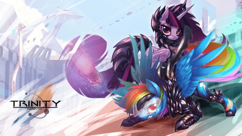 angry armor blue_body blue_feathers blue_fur cutie_mark duo feathered_wings feathers female feral fur hair horn looking_at_viewer multicolored_hair purple_body purple_fur purple_hair rainbow_hair scar simple_background two_tone_hair visor wings legacy350 friendship_is_magic hasbro my_little_pony mythology rainbow_dash_(mlp) twilight_sparkle_(mlp) equid equine mammal mythological_creature mythological_equine pegasus winged_unicorn 16:9 hi_res wallpaper widescreen