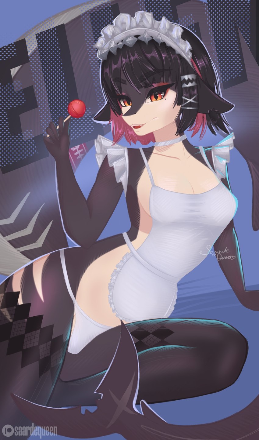 alternate_form alternate_species anthro anthrofied black_hair breasts candy cleavage clothed clothing dessert eyelashes female fin food furrification hair legwear lollipop long_tail looking_at_viewer maid_headdress maid_uniform medium_breasts multicolored_hair red_eyes simple_background smile solo tail tail_fin text two_tone_hair uniform saardequeen mihoyo zenless_zone_zero ellen_joe_(zzz) fish marine shark hi_res