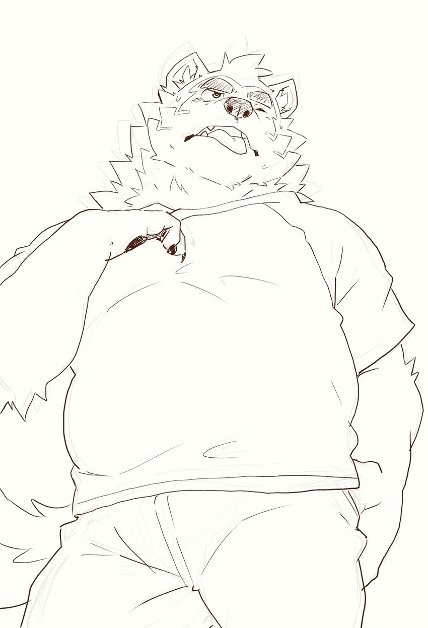 anthro belly bottomwear clothing eyebrows male shirt shorts slightly_chubby solo t-shirt thick_eyebrows tongue tongue_out topwear heylaw21 lifewonders live_a_hero mokdai canid canine canis domestic_dog mammal hi_res sketch