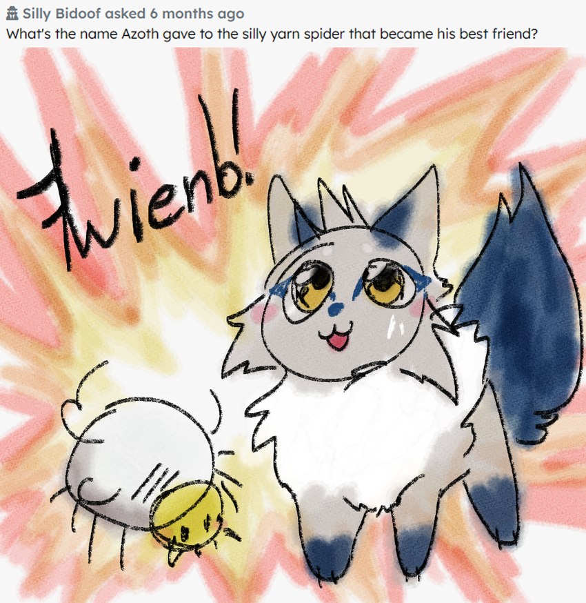 blush claws crayon crayon_colored dot_eyes drawing fangs feral fluffy fluffy_chest fluffy_tail male smile tail teeth text yellow_eyes buns_and_foxes nintendo pokemon azoth_(macchiato_fox) generation_8_pokemon generation_9_pokemon nickit pokemon_(species) tarountula english_text sketch