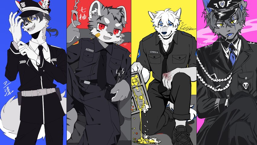 bandage bandage_on_face blue_eyes cigarette clothing fur grey_body grey_fur looking_at_viewer police police_officer police_uniform red_eyes smoking smoking_cigarette uniform white_body white_fur yellow_eyes knci17 san_yang shi_xiao1770 tody_0312 canid canine canis domestic_dog felid mammal pantherine tiger wolf 16:9 2024 artist_collaboration hi_res widescreen