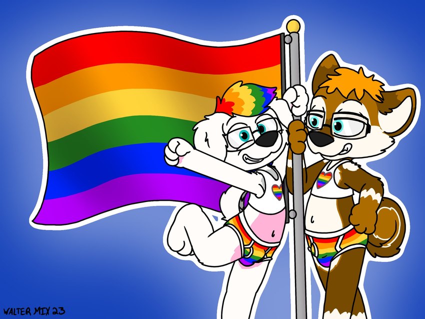 anthro black_nose blue_background border briefs brown_body brown_fur clothing colored_seam_underwear crop_top detailed_background duo eyewear flag flag_(object) flagpole fur glasses gradient_background hair heart_symbol holding_flag holding_object lgbt_pride male male/male markings multicolored_briefs multicolored_clothing multicolored_crop_top multicolored_hair multicolored_shirt multicolored_topwear multicolored_underwear navel open_mouth orange_hair outstretched_arms pride_color_briefs pride_color_clothing pride_color_crop_top pride_color_flag pride_color_hair pride_color_shirt pride_color_topwear pride_color_underwear pride_colors pride_heart print_clothing print_shirt print_tank_top print_topwear rainbow_briefs rainbow_clothing rainbow_flag rainbow_pride_colors rainbow_symbol rainbow_underwear shirt simple_background six-stripe_rainbow_pride_colors smile striped_markings stripes tank_top teeth_showing topwear underwear white_body white_border white_clothing white_fur white_seam_briefs white_seam_underwear white_shirt white_tank_top white_topwear young young_anthro young_male walter_the_mix beagle canid canine canis domestic_dog hunting_dog husky mammal nordic_sled_dog scent_hound spitz 2023 4:3 hi_res signature