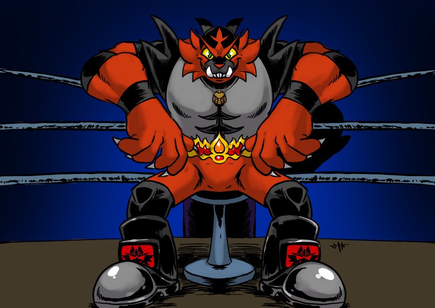 anthro black_boots black_clothing black_footwear boots clothing fighting_ring footwear jewelry male pendant shoes sitting solo john_fell nintendo pokemon tahu_(incineroar) generation_7_pokemon incineroar pokemon_(species)