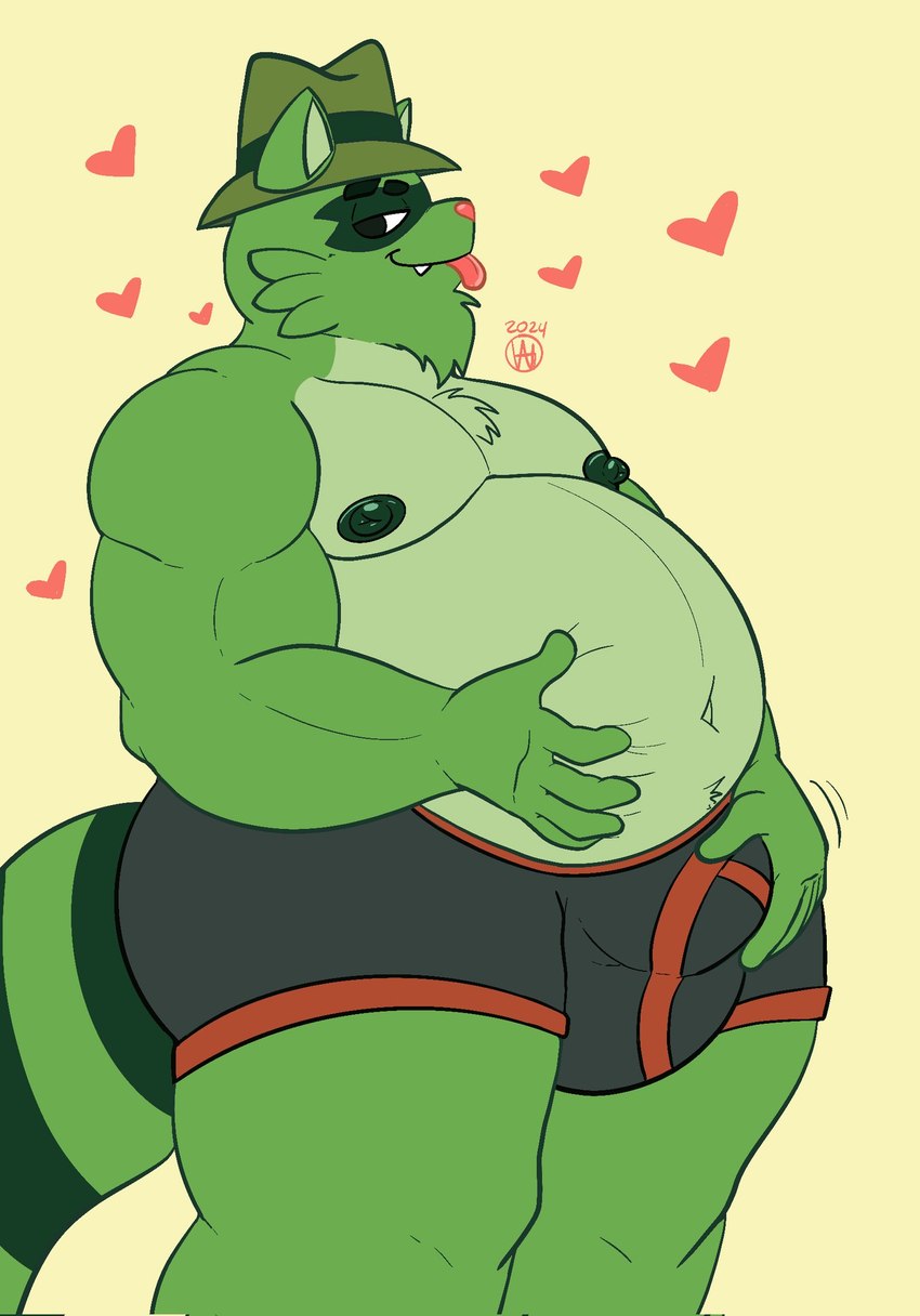 anthro areola belly big_bulge biped blep briefs bulge clothing detailed_bulge fedora fur green_body green_fur groping_bulge hat headgear headwear heart_symbol male male_anthro moobs navel nipples overweight overweight_anthro overweight_male self_grope solo tongue tongue_out underwear glitchedweasel happy_tree_friends shifty_(htf) mammal procyonid raccoon hi_res