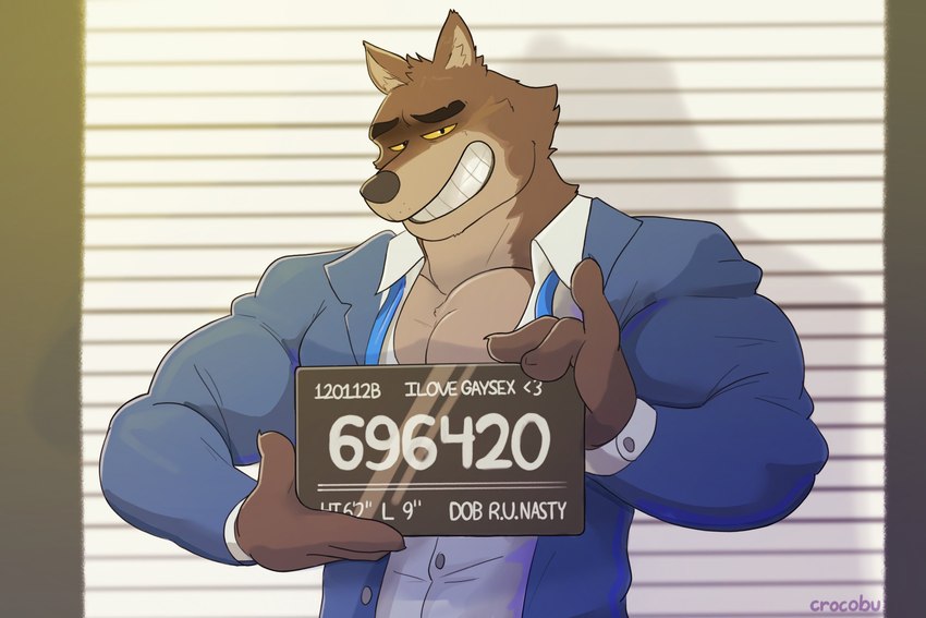 anthro barazoku big_muscles clothed clothing dress_shirt eyebrows fur heart_symbol holding_object holding_sign humor jail_placard looking_at_viewer male male_anthro mugshot muscular muscular_anthro muscular_male narrowed_eyes necktie number numbered_tag open_clothing open_shirt open_topwear pecs placard police_lineup scene_interpretation shirt sign smile solo stated_homosexuality stated_sexuality station teeth text topwear tuft crocobu dreamworks the_bad_guys mr._wolf_(the_bad_guys) canid canine canis mammal wolf 2021 3:2 english_text half-length_portrait hi_res portrait