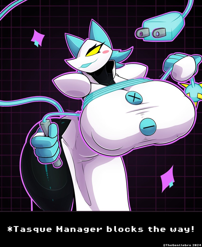 anthro big_breasts breasts clothed clothing female floating_hands hair huge_breasts huge_hips huge_thighs machine simple_background solo text thick_thighs wide_hips yellow_eyes thegentlebro deltarune undertale_(series) tasque_manager darkner felid feline mammal robot english_text hi_res