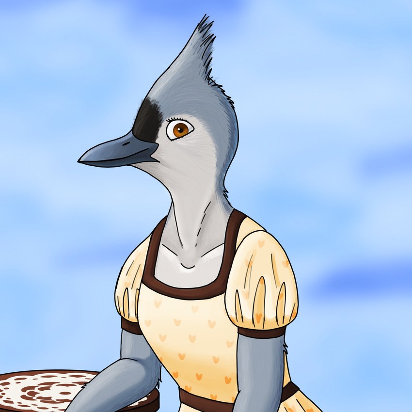 anthro beak black_body black_feathers blue_background brown_eyes clothing collarbone dress eyelashes feathered_crest feathers female furniture grey_beak grey_body grey_feathers happy head_crest leaning leaning_on_furniture leaning_on_object leaning_on_table light_body light_feathers one_eye_visible puffy_sleeves short_sleeves simple_background smile solo table yellow_clothing yellow_dress cayugo avian bird oscine passerine tit_(bird) titmouse_(bird) tufted_titmouse 1:1 absurd_res half-length_portrait hi_res portrait