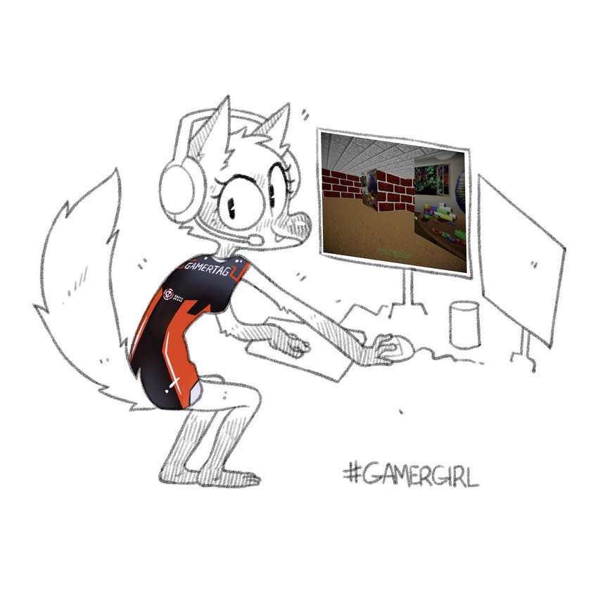 anthro barefoot breasts clothed clothing computer computer_monitor computer_mouse dress electronics fangs feet female fur gaming hashtag headgear headphones headset keyboard looking_at_viewer looking_back looking_back_at_viewer playing_video_game screencap sitting smile snout solo tail teeth ljrmr fox_(ljrmr) canid canine fox mammal 1:1 2019 digital_drawing_(artwork) digital_media_(artwork) hatching_(art) hi_res paint_tool_sai_(artwork) shaded nonbinary_(lore)