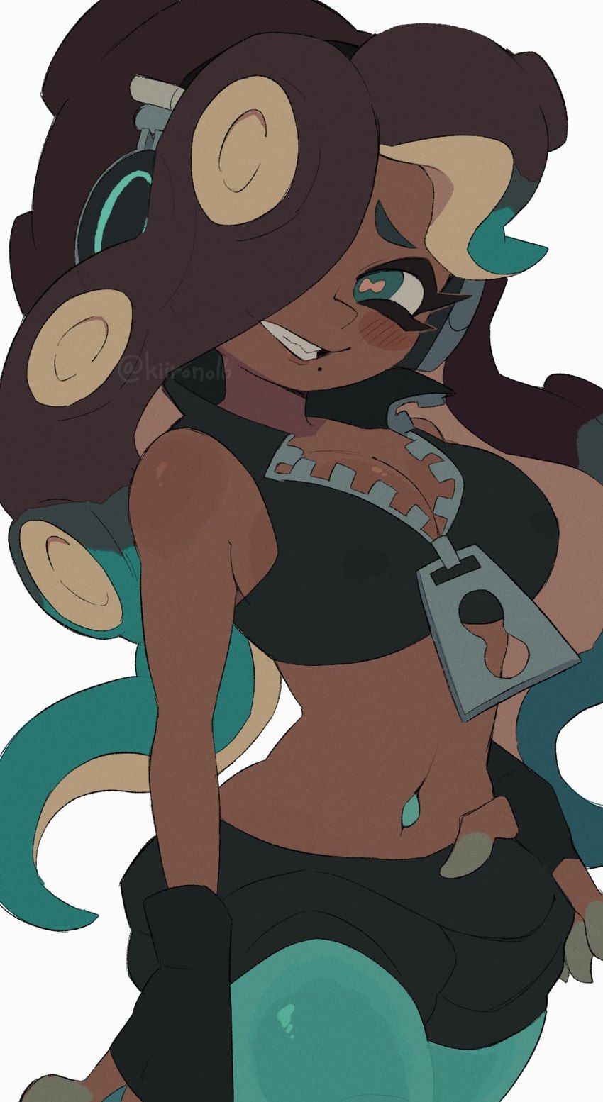 blush breasts cleavage clothed clothing dark_body dark_skin female fingerless_gloves gloves handwear looking_at_viewer markings mole_(marking) navel pseudo_hair simple_background smile solo suction_cup tentacle_hair tentacles kiirono nintendo splatoon marina_(splatoon) animal_humanoid cephalopod cephalopod_humanoid humanoid marine marine_humanoid mollusk mollusk_humanoid octarian octoling hi_res signature