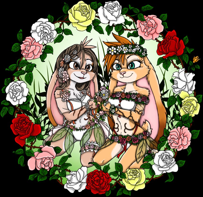 3_toes 4_fingers anthro brown_body brown_eyes brown_fur brown_hair duo feet female fingers flower fur green_eyes hair pink_body pink_fur plant rose_(flower) tan_body tan_fur teal_eyes toes ziegelzeig bad_guy_cafe ara_caelum_(aralyre) ocerydia_zoona lagomorph leporid mammal rabbit 2022 alpha_channel hi_res