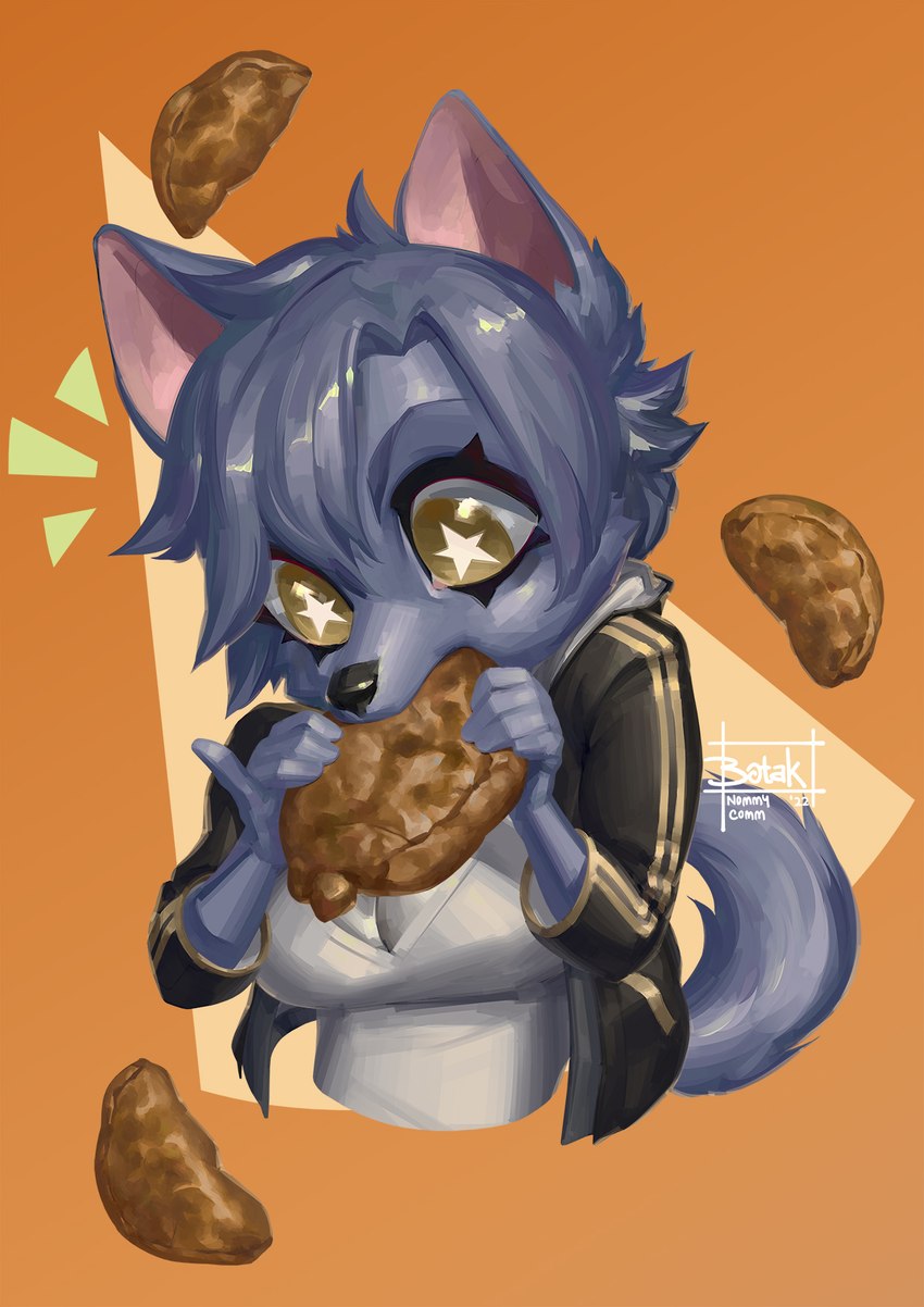 anthro black_clothing black_hoodie black_nose black_topwear blue_body blue_fur blue_hair breasts chibi clothing eating female food fur hair holding_food holding_object hoodie orange_background shirt simple_background solo star_eyes topwear white_clothing white_shirt white_topwear botak maku_(maku450) canid canine canis mammal wolf 2022 half-length_portrait hi_res portrait