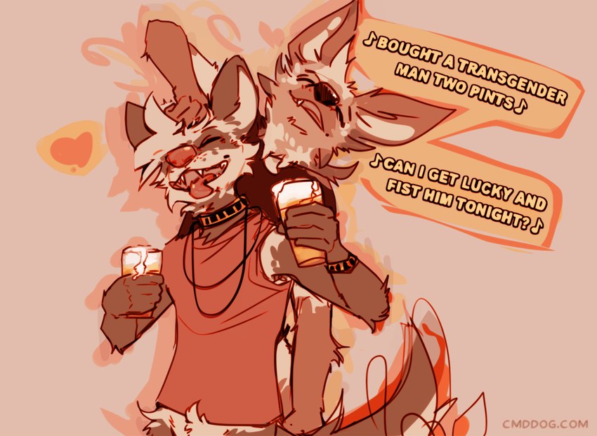 alcohol anthro beer beverage biped brown_body brown_fur collar duo eyes_closed fur holding_beer lyrics male multicolored_body multicolored_fur smile tan_body tan_fur text white_body white_fur lawyerdog the_northern_boys ferar_(lawyerdog) maki_(lawyerdog) canid canine domestic_ferret mammal maned_wolf mustelid musteline true_musteline weasel 2024 digital_media_(artwork) english_text