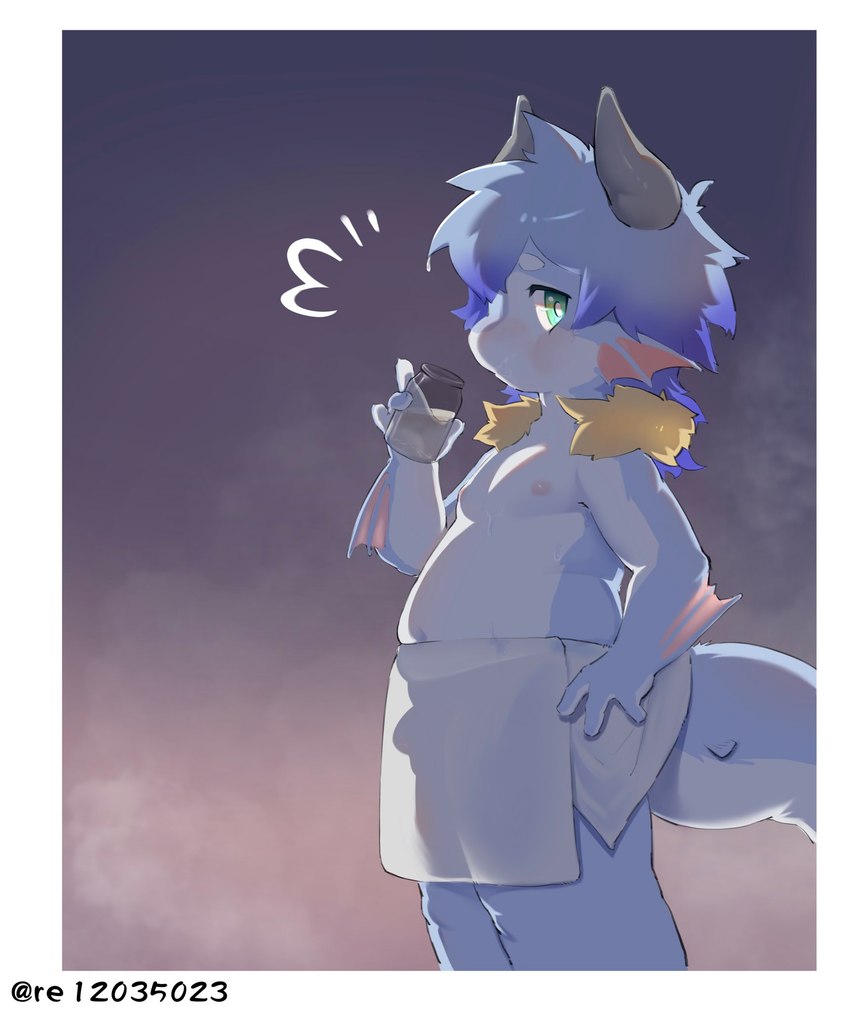 anthro belly black_horn blue_hair hair holding_object horn looking_at_viewer male nipples side_view solo towel towel_only young young_male navi_(artist) mythology dragon mythological_creature mythological_scalie scalie hi_res