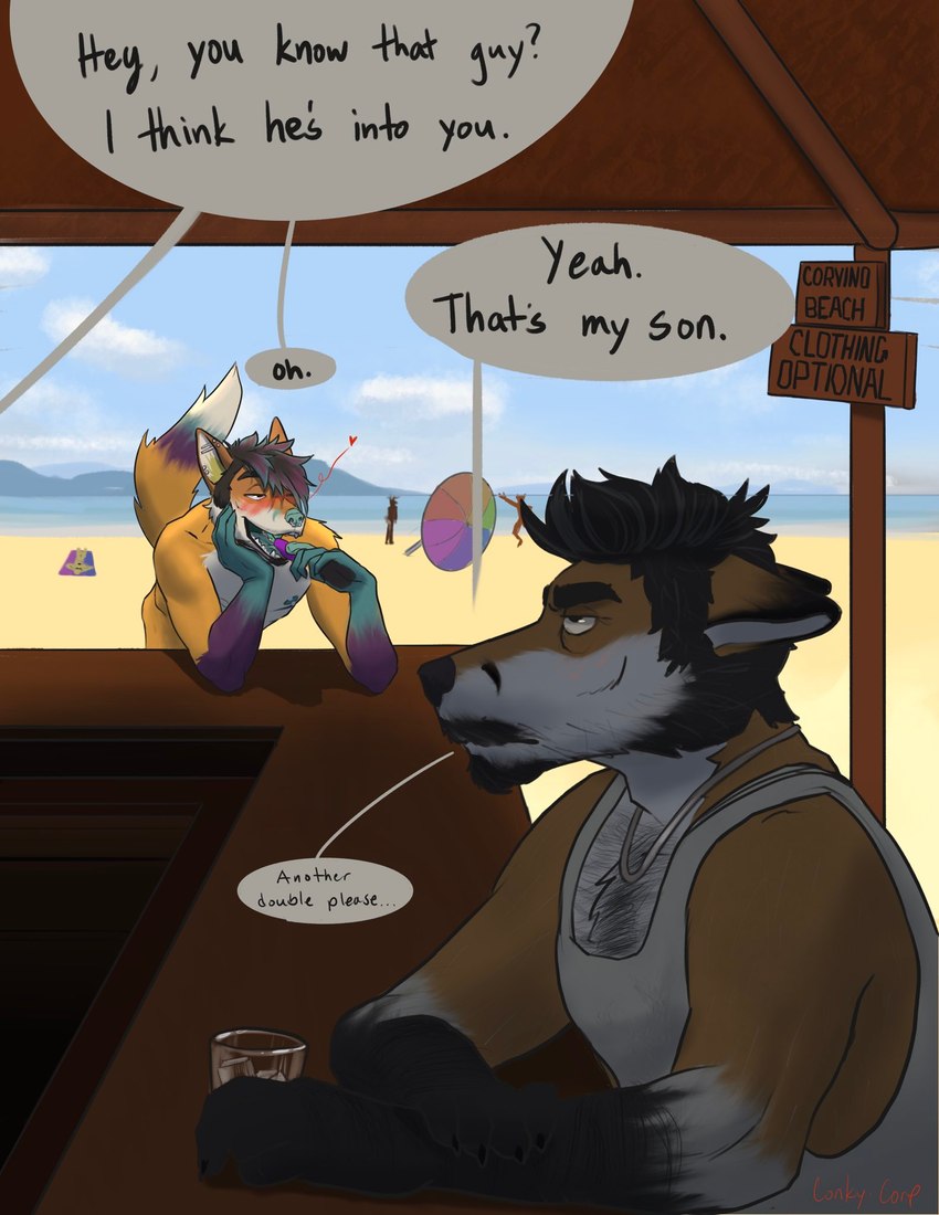 age_difference alcohol annoyed anthro anthro_on_anthro areola bangs bar beach beach_umbrella beard bedroom_eyes bent_over beverage blush body_hair casual_nudity chest_hair claws clothed clothed/nude clothing cloud container cup day dialogue duo_focus eyebrows facial_hair food fur glass glass_container glass_cup group hair hand_on_cheek heart_symbol holding_object ice jewelry looking_at_another male male/male mature_anthro mature_male muscular muscular_anthro muscular_male mustache narrowed_eyes necklace nipples nude nude_beach offscreen_character one_eye_closed open_mouth open_smile outside parasol popsicle popsicle_in_mouth public public_nudity sand seductive shadow shirt sideburns sign silhouette sitting smile standing stated_incest tank_top teeth text tongue topwear tuft water wink conkycorp ambiguous_species canid canine fox mammal 2025 english_text hi_res signature father_(lore) father_and_child_(lore) father_and_son_(lore) incest_(lore) parent_(lore) parent_and_child_(lore) parent_and_son_(lore) son_(lore)