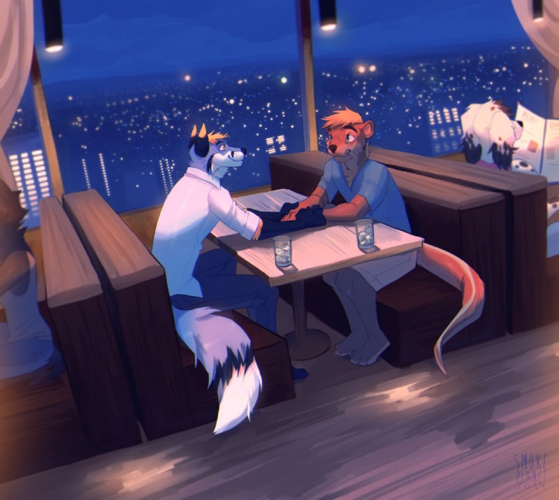 anthro barefoot beverage black_body black_fur blonde_hair blue_body blue_eyes blue_fur bottomwear brown_body brown_eyes brown_fur city cityscape clothed clothing date denim denim_bottomwear denim_clothing duo_focus dutch_angle eye_contact feet fluffy fluffy_tail food fur glass grey_body grey_fur group hair hand_holding ice jeans looking_at_another male male/male multicolored_body multicolored_fur pants public restaurant shirt shorts sitting smile tail tank_top topwear two_tone_body two_tone_fur water white_body white_fur window yellow_body yellow_fur smokeplanet menos ringo_the_fox canid canine canis domestic_dog fox mammal mustelid otter 2014