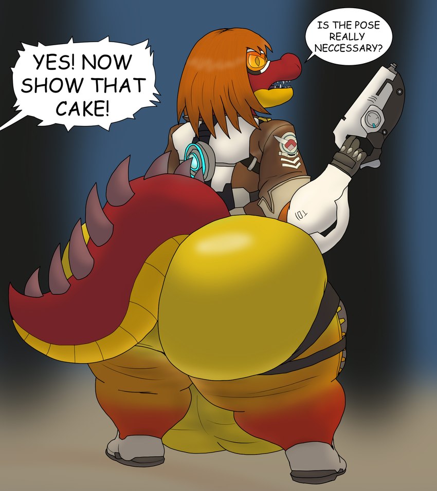 anthro backsack balls big_bulge big_butt bulge butt cosplay femboy genitals huge_bulge huge_butt hyper hyper_bulge male pose solo text wearing_goggles alythewolfcat blizzard_entertainment overwatch robbie_jake_(alythewolfcat) tracer_(overwatch) alligatorid caiman crocodilian reptile scalie english_text hi_res