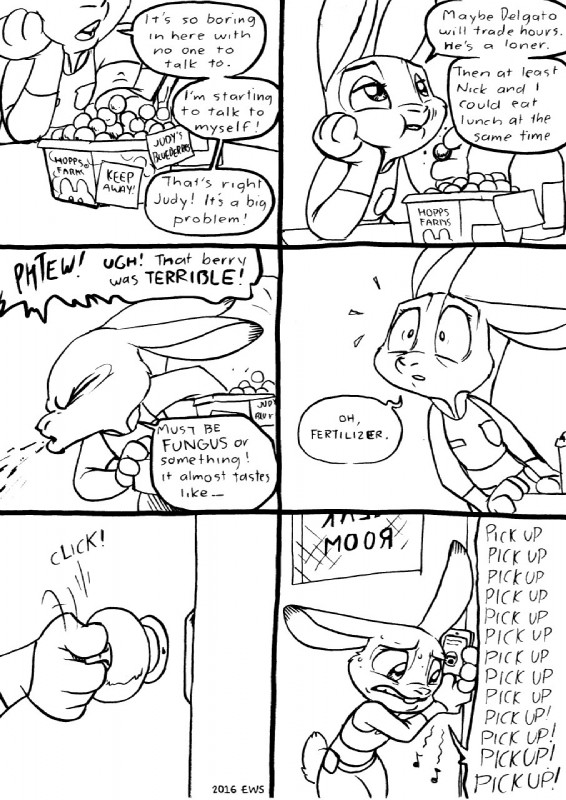 anthro badge biped blueberry_(fruit) calling clothed clothing dialogue door eating electronics eyes_closed female food fruit inside night_howlers phone plant poison realization solo sound_effects spitting standing text window eric_schwartz disney zootopia judy_hopps lagomorph leporid mammal rabbit 2016 black_and_white comic english_text hi_res monochrome