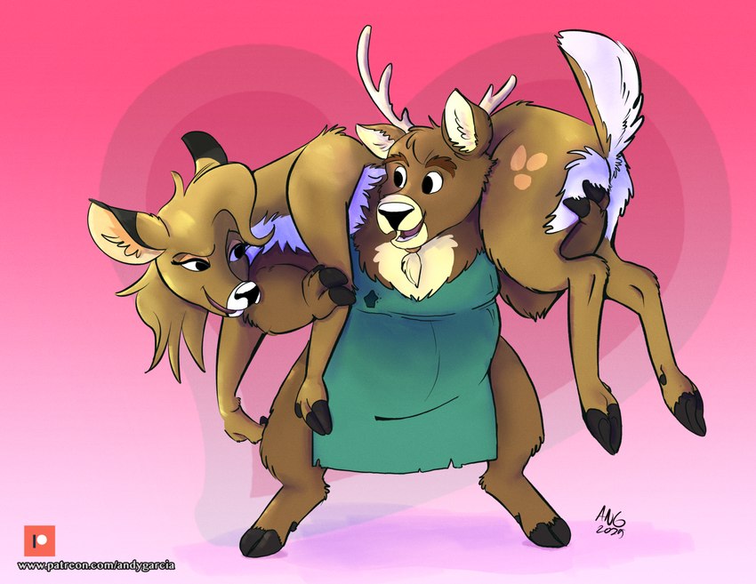 anthro antlers apron apron_only black_nose brown_body brown_fur butt carrying_another carrying_partner clothing duo female fingers fur heart_symbol hooved_fingers hooves horn husband_and_wife male male/female married_couple mostly_nude mostly_nude_anthro mostly_nude_male multicolored_body multicolored_fur nude nude_anthro nude_female romantic romantic_couple standing tail text two_tone_body two_tone_fur white_body white_fur angart_(artist) buck_(angart) meadow_(angart) deer mammal 2025 hi_res signature url