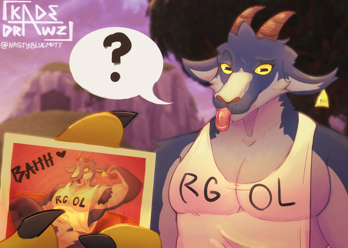 anthro armpit_hair blackmail blue_body blue_fur body_hair claws clothing cloud confusion duo ear_piercing ear_tag female finger_claws fingers flexing flexing_bicep fur grass green_body green_scales grey_body grey_fur heart_symbol holding_object holding_photo hooved_fingers hooves horizontal_pupils horn looking_at_viewer male mountain muscular muscular_anthro muscular_female oblivious open_mouth outside oversized_clothing pecs photo piercing plant pubes pupils question_mark scales screencap screencap_background shirt sky tank_top teeth text text_on_clothing text_on_shirt text_on_topwear tongue tongue_out topwear tree twitter_handle yellow_eyes kadedrawz coffee_stain_studios epic_games fortnite goat_simulator mythology hybrid_(fortnite) pilgor_(goat_simulator) bovid caprine dragon goat mammal mythological_creature mythological_scalie scalie 2026 artist_name hi_res signature