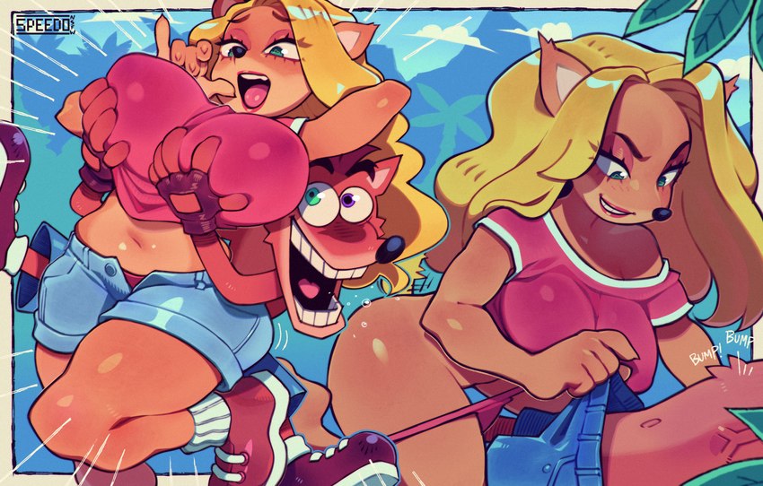 anthro big_breasts blonde_hair bottomwear bottomwear_pull breast_grab breasts clothed clothing clothing_pull duo female hair hand_on_breast looking_at_crotch male male/female panties panties_down pants pants_pull partially_clothed underwear underwear_down speedoru activision crash_bandicoot_(series) crash_bandicoot tawna_bandicoot bandicoot mammal marsupial 2023 hi_res